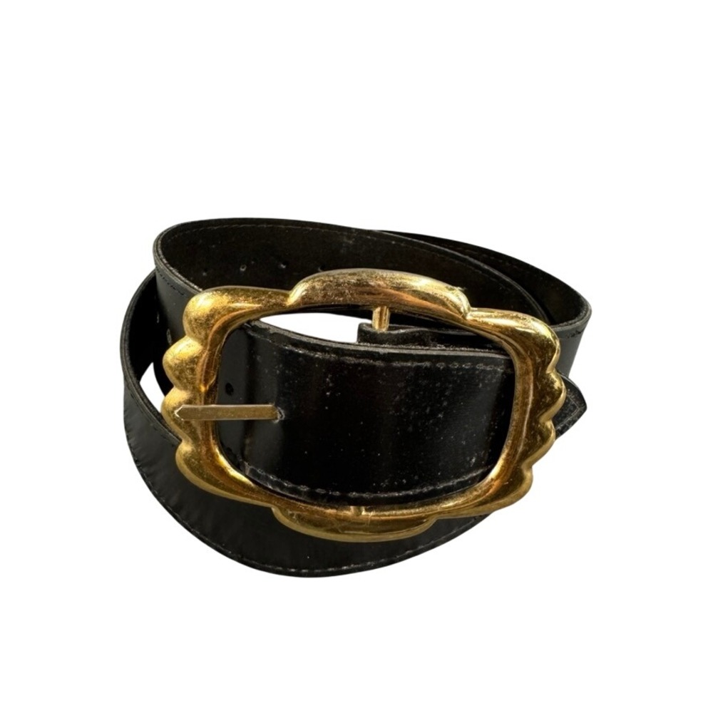 Vintage Black Leather Scalloped Gold Buckle Belt M-103 Retro Statement Accessory